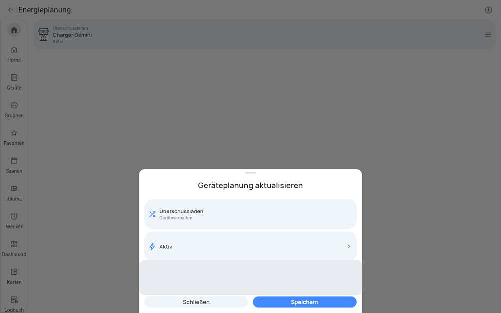 Geräteplanung: Verhalten Überschussladen, Status Aktiv