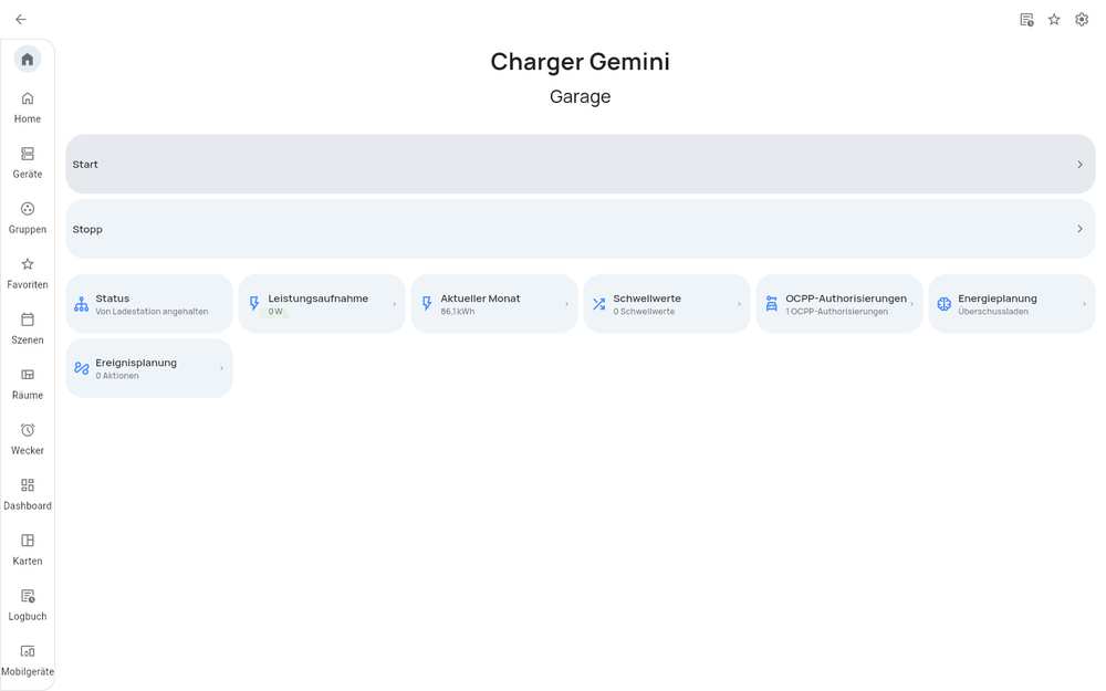 Charger Gemini mit der Kachel Energieplanung, Überschussladen