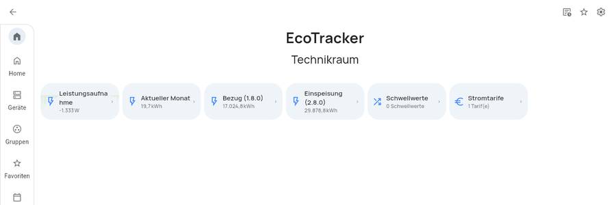 EcoTracker mit Leistungsaufnahme, Monatsenergie, Bezug und Einspeisung